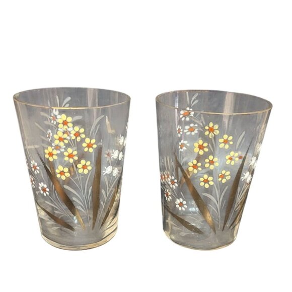 Hand-Painted Vintage Flower Glasses Set Of 2 Elegant Clear Tumblers With Yellow - Picture 3 of 8